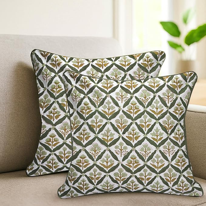 SheetKart Pure Cotton Throw Pillow Covers - Set of 2 - Hand Block Pure Cotton Printed Boho Decorative Pillow Covers - Cushion Covers for Living Room, Bohemian Theme, 16 x 16 Inches, Sagewood Olive