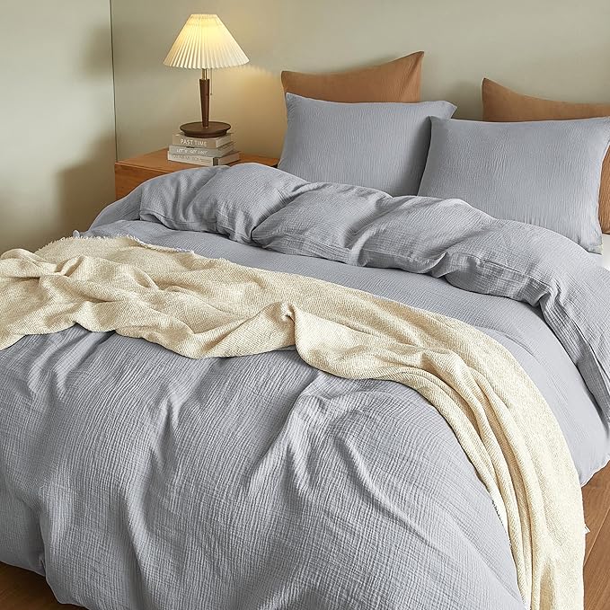 SE SOFTEXLY Muslin Duvet Cover King Size, 100% Washed Cotton Duvet Cover Set, Ultra Soft Comforter Cover Linen Like, 3 Pieces Minimalist Gauze Duvet Cover with 2 Pillowcases, 90"x104", Light Grey