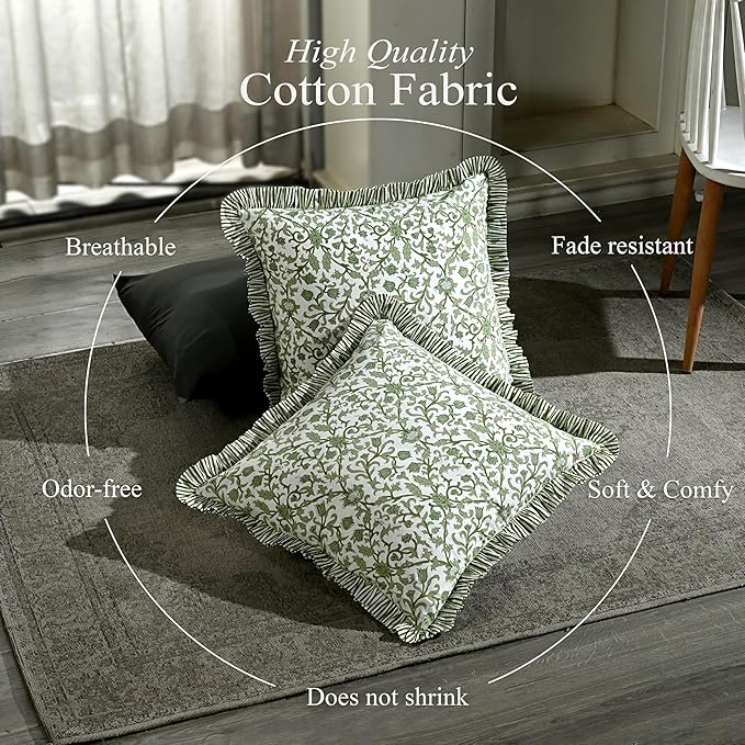 CPC Meadow Vine Hand Block Print 100% Cotton Ruffle Throw Pillow Cover 20x20 inch with Hidden Zipper Decorative for Couch, Bed, Sofa, Farmhouse, Cottagecore Decor Gift Christmas Fall Thanksgiving