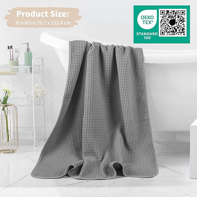 MICROFI New Microfiber Waffle Bath Towels, 2 Pieces, Soft, Absorbent, Fast Drying, Lint Free 430 GSM (Gray+Champagne)