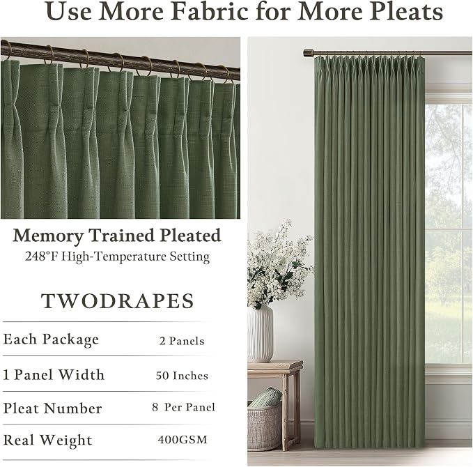 Olive Green Linen Curtains 102 Inches Long for Living Room Pinch Pleated Drape with Hooks Rings for Track System Light Filtering Green 102 Inch Curtain for Bedroom Sliding Patio Door 2 Panels 50x102