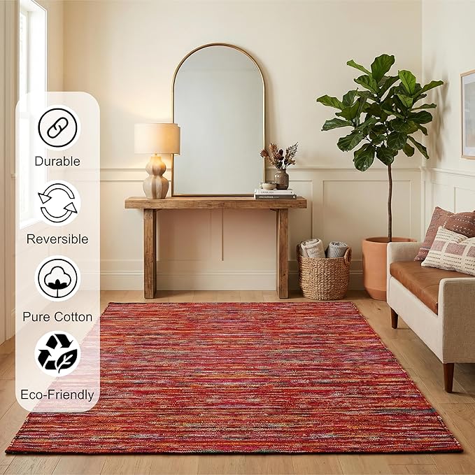 Cotton Chindi Rag Area Rug 8x10 Feet - Multi, Handwoven Boho Farmhouse Floor Rug, Reversible Multi-Color Woven Carpet for Living Room, Bedroom, Dining Room, Office | Large Home Décor Patio Mat
