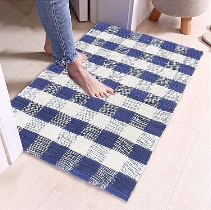 GLAMBURG Cotton Buffalo Check Plaid Washable, Handwoven Checkered Welcome Door Mat 18x30 for Kitchen Bathroom Outdoor Porch Laundry Living Room, Farmhouse Reversible Rag Rug Blue White