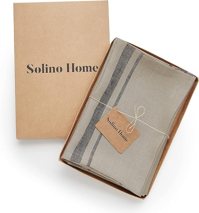 Solino Home Linen Dinner Napkins 20 x 20 Inch - 100% Pure Linen French Stripe Black and Natural Napkins Set of 4 for Summer