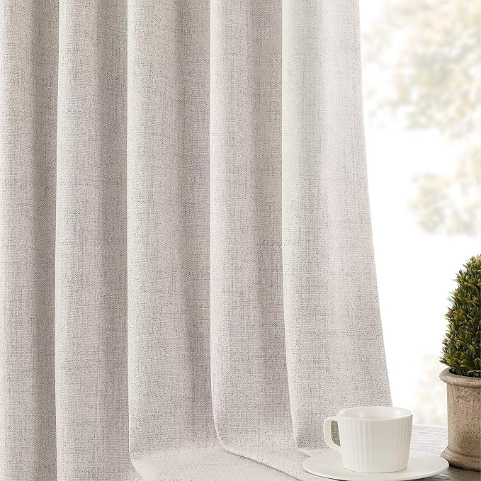 CUCRAF Linen 100% Blackout Curtains 84 Inch Length 2 Panels Set, Back Tab and Rod Pocket Curtain for Living Room Bedroom, Room Darkening Window Drapes Thermal Insulated, (52x84 inch, Greyish White)