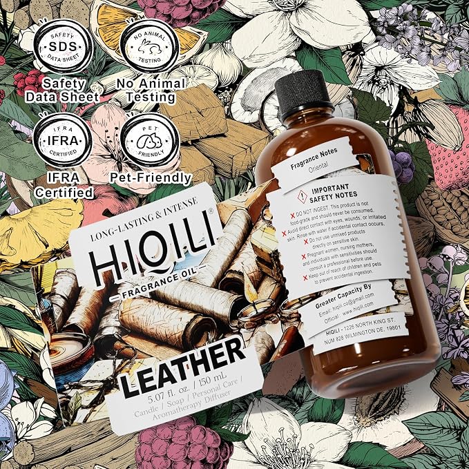 HIQILI Leather Fragrance Oil, Men's Scent for Car Air Freshener - 150ML | Suitable for Soap, Candle, Perfume Making, Long-Lasting Leather Scent, Pet Safe, Graduated Dropper Included