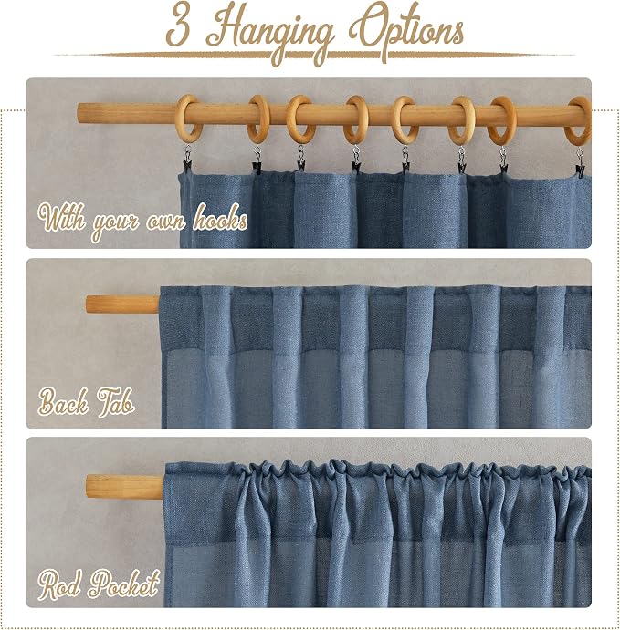 NICETOWN Linen Blend Stone Blue Curtains for Living Room, Rod Pocket & Back Tab Flax Burlap Drapes Semi Sheer Privacy with Light Filtering Window Treatments for Bedroom, W52 x L95, 2 Panels