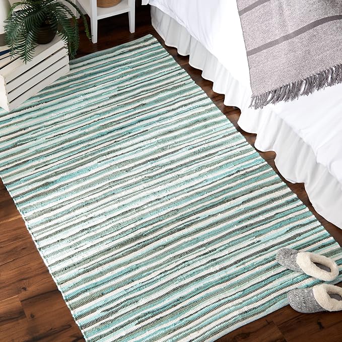 DII Chindi Home Collection Cotton Handwoven Slim Stripe Area Rag Rug, 4x6', Aqua