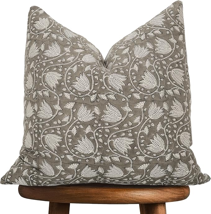Handmade Block Print 100% Thick Cotton 20 x 20 inch Throw Pillow Cushion Cover with Zipper - Pillowcase for Bedroom, livingroom, Couch, Sofa, Outdoor, Chair, Bed, Home Décor-Sansa (Grey 1)