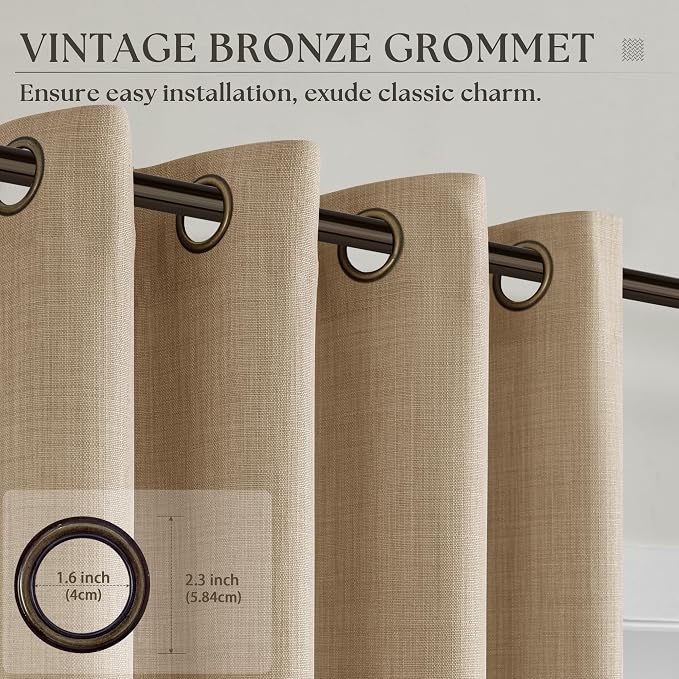Dark Flax Linen Curtains 84 Inch Length 2 Panels Set for Living Room Grommet Semi Sheer Light Filtering Walnut Camel Drapes Farmhouse Country Burlap Curtains 84 Inches Long for Bedroom Dining Room