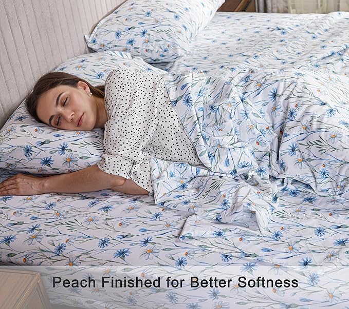 RUVANTI 100% Cotton Organic Percale Sheets King Size – Crisp Cooling Bed Sheets for Hot Sleepers, Deep Pocket 15”, Soft Peach Finish, Breathable & Durable Hotel-Style 4 Pcs, Daisy Bud