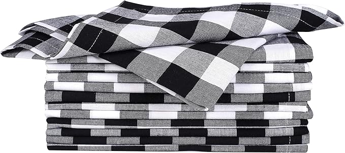 Dinner Napkin Gingham Plaid Check, 100% Cotton, Mitered Corners & Generous Hem, Set of 12, 18x18 inches, Black White Checks