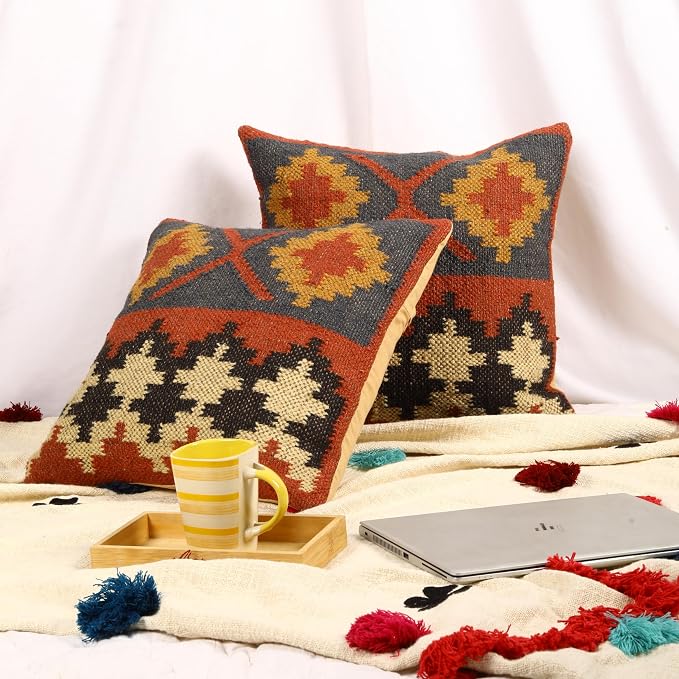 Trade Star 70% Jute 30% Wool Set of 2 Throw Pillow Covers Kilim Cushion Cover Handloomed Rug Decorative Cushion case 18x18 Inches Handwoven Pillowcase (Kilim 16)