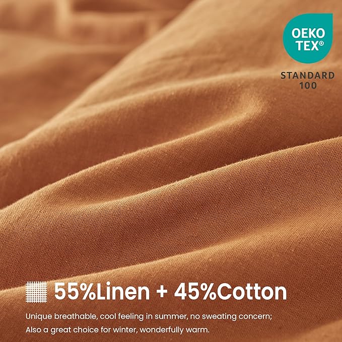 FALUCA French Linen Blend Duvet Cover Set 3Pcs King (104"x92") - Soft, Breathable, Cooling Farmhouse Bedding for Hot Sleeper (King, Rust)