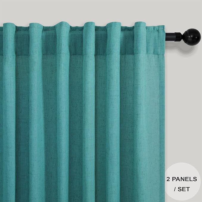 Mid Century Modern Teal Curtains 96 Inches Long 2 Panels for Living Room Bedroom Linen Sheer Semi Privacy Lightweight Light Filtering Drapes for Dining Room Office Farmhouse Coastal Decor 52x96 Length