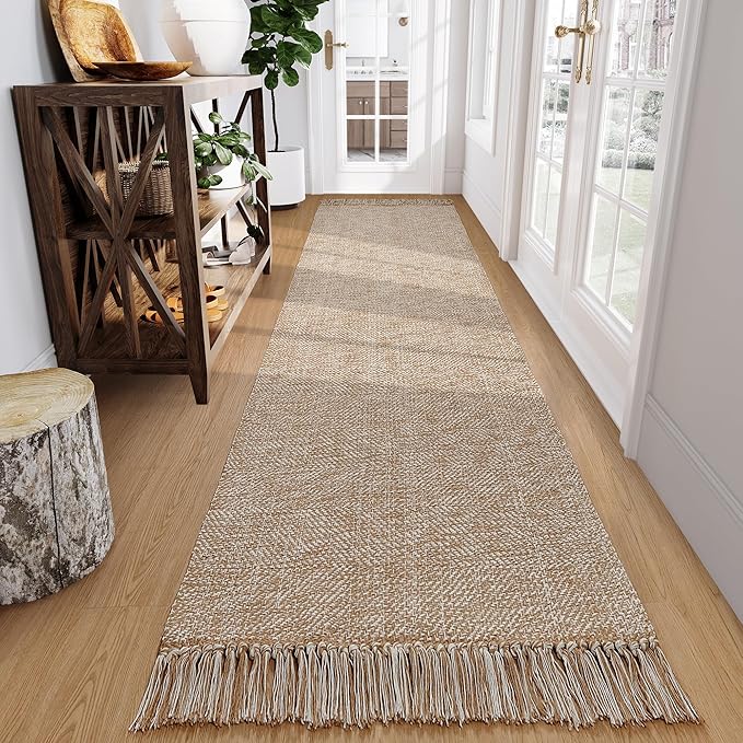 Collive Long Hallway Runner Rug 2.6' x 10', Washable Runner Indoor Entryway Rug, Tan/Cream Braided Woven Kitchen Runner Rugs Low-Profile Front Door Floor Carpet for Laundry Room Bedroom Doorway