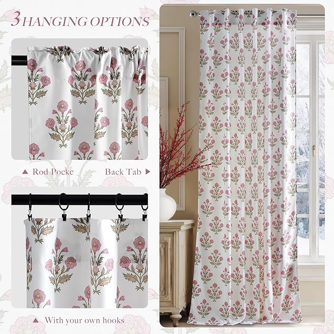 NICETOWN Floral Linen Curtains 84 inches Long Pink Pattern Printed for Girls Bedroom Nursery, Boho Farmhouse Window Sheer Curtain Drapes Aesthetic Light Filtering Privacy 2 Panel Sets, 55" W
