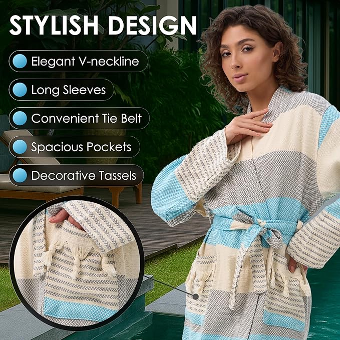 ATANI 100% Turkish Cotton Bathrobe S-XXL for Women & Men – Peshtemal Style Soft Cozy Lounge Robe, Absorbent & Lightweight
