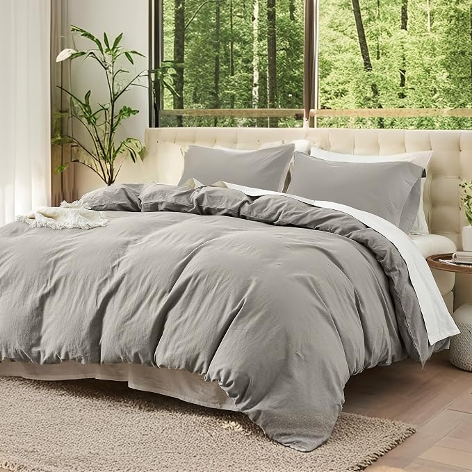 QKTE French Linen Duvet Cover Set, 3 PCS Natural French Flax Light Grey Duvet Cover King Size, Breathable Soft Comfy Linen Bedding Comforter Cover with 2 Pillowcases(Light Grey, 104" x 92")