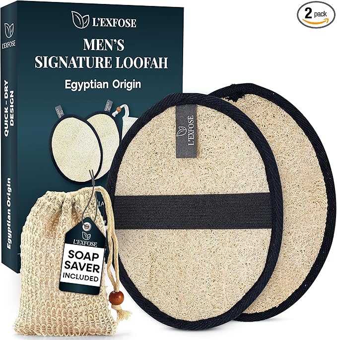 L'Exfose Mens Loofah – Natural Egyptian Fiber Loofah for Men, Exfoliating Mens Scrubber for Shower – Men's Exfoliator Pad Duo – Quick Dry Black Set with Sisal Soap Saver Bag