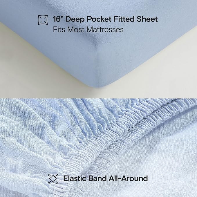 Sijo Stone Washed Organic French Linen Bed Sheet Set, GOTS Certified Organic, Best Cooling Linen Sheet Award by Sleep Foundation, 4 Piece - 2 Pillowcases, 1 Fitted and 1 Flat (Sky, Cal King)
