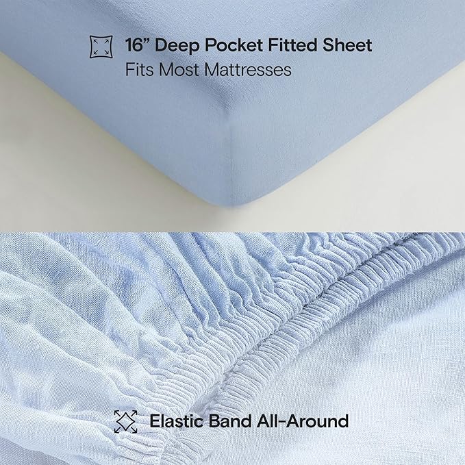 Sijo Stone Washed Organic French Linen Bed Sheet Set, GOTS Certified Organic, Best Cooling Linen Sheet Award by Sleep Foundation, 3 Piece - 2 Pillowcases and 1 Fitted Sheet (Sky, Full)
