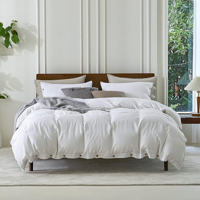 EVERLY 100% Pure Linen Duvet Cover Set Twin Size 68X90Inch 2pcs (1 Duvet Cover,1Pillowcases) Soft and Breathable for All Season with Coconut Button Closure, Suitable for Hot Sleepers-White-Twin