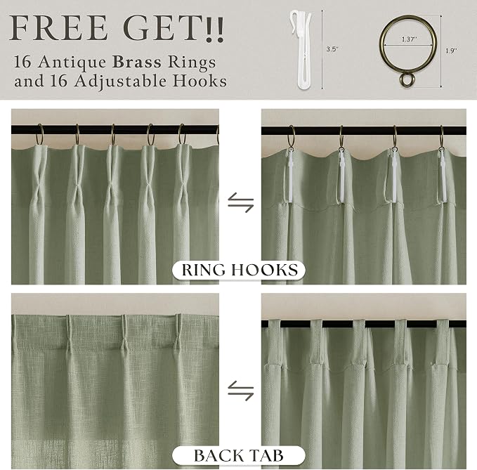 Sage Green 86 Inch Linen Semi Sheer Curtains 2 Panels Set for Bedroom Living Room Dining Pinch Pleated Country Farmhouse Window Drapes Light Filtering Privacy Sliding Door Viral Curtains 50 Inch Wide