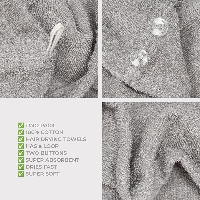 American Soft Linen 100% Cotton Hair Towels for Women, Head Towel Cap, Cotton Hair Turban Towel Wrap for Long Curly Anti Frizz Hair, Soft and Absorbent Cotton Hair Towels 2 Pack, Light Gray
