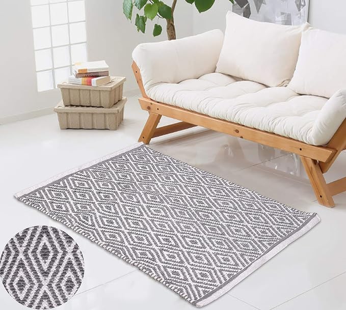Chenille Cotton Diamond Rug 21x34 Inches - Light Grey, Reversible Small Soft Washable Front Door Mat Ideal for Kitchen, Entryway, Bathroom | Farmhouse Boho Accent Indoor Throw Rugs for Bedroom, Patio