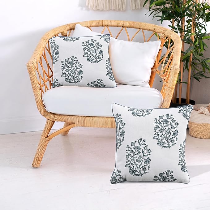 CPC Indigo Blue Block Print Throw Cushion Cover 20 x 20 Inch Set 2 - Decorative Boho Floral Pillow Case for Living Room, Bed, Sofa, Couch, Home Decor Cushion Cover Gift for Spring, Mother's Day