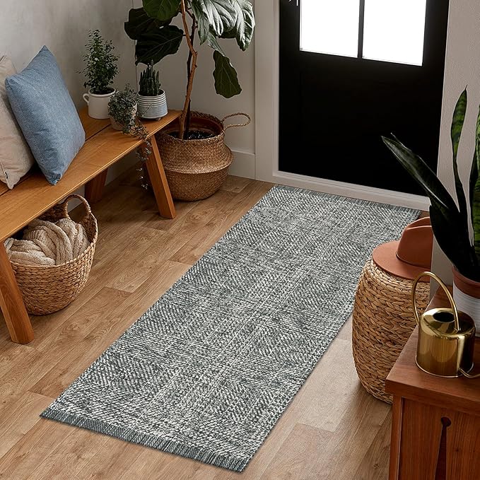 LEEVAN Boho Kitchen Rug 2' x 4.3', Washable Bathroom Runner Rug Grey Reversible Small Hallyway Rug, Farmhouse Front Door Mat Modern Bedroom Carpet for Foyer Laundry Entryway Proch Decor