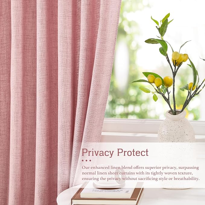 RYB HOME Living Room/Bedroom Curtains and Drapes Linen Sheer, Light Filtering Curtains 108 inches Long, Back Tab/Rod Pocket, Peach Blush, W 52 x L 108 inches, 2 Panels Set