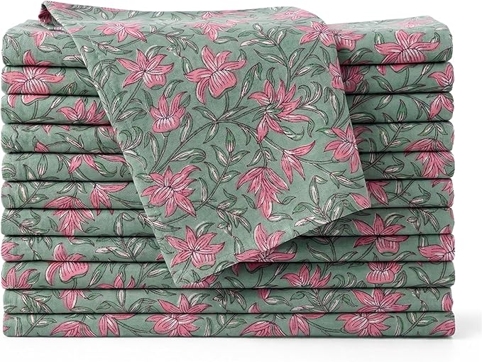 Floral Cloth Napkins Set of 12, 100% Cotton Reusable Dinner Napkins, Block Print Inspired, 18 x 18 Inch Table & Kitchen Napkins for Everyday Dining & Entertaining, Soft Green Floral