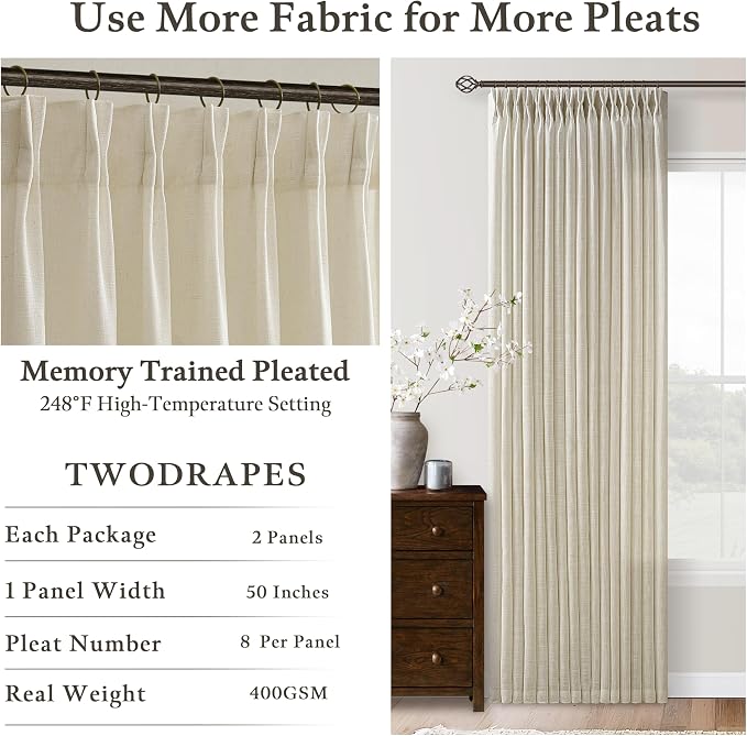 Flax Linen Blend 72 Inch Curtains for Bedroom Rustic Pinch Pleat Semi Sheer Window Drapes Light Filtering Privacy Cottagecore Farmhouse Office Sunroom Cabin Back Tab Viral Pleated Curtains 50x72