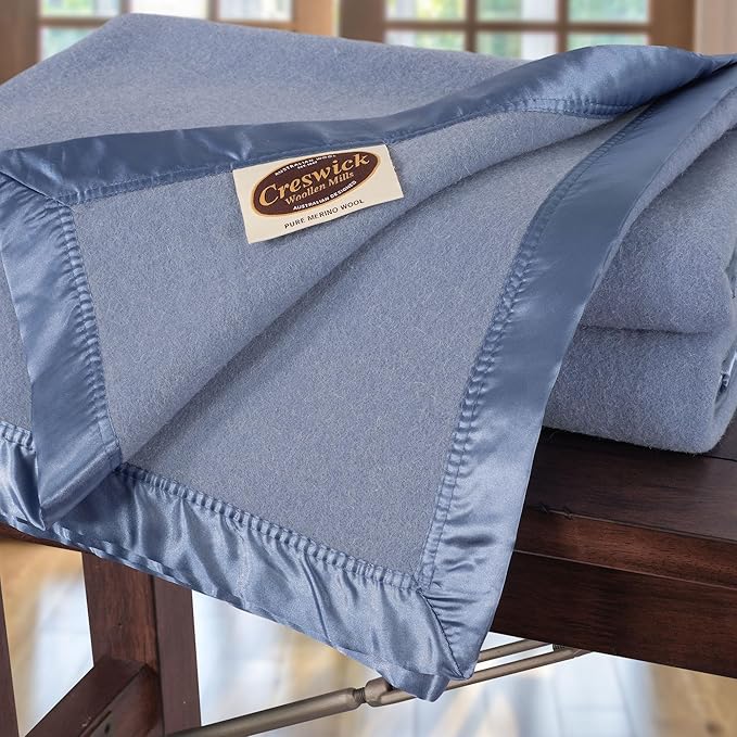 Creswick Woollen Mills 100% Australian Merino Wool Blanket – Soft Warm and Natural with Satin Binding, Breathable Luxury Bedding for All Seasons, (French Blue, Full/Queen Size)