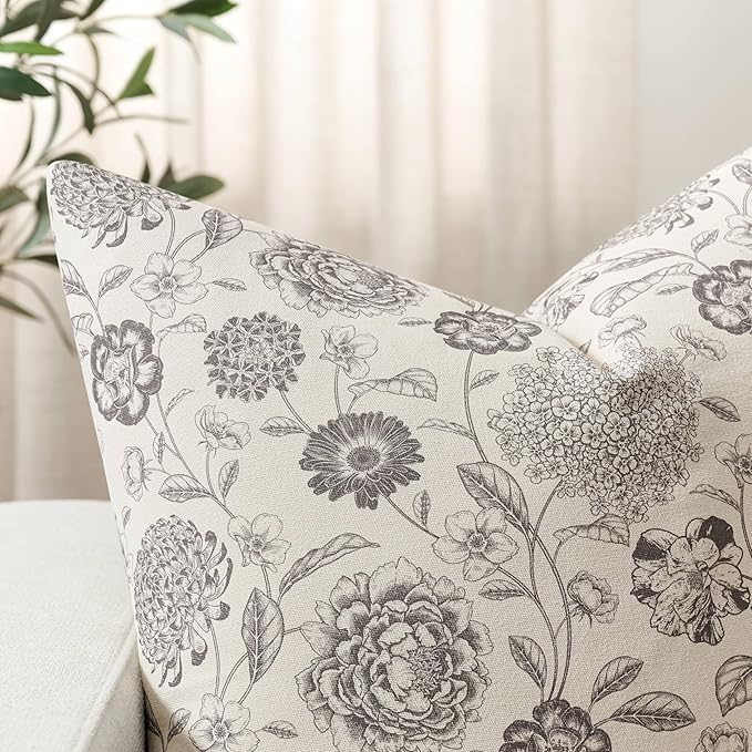 100% Cotton Botanical Throw Pillow Covers Set of 2, 12x20 Inch Grey, Farmhouse Double-Sided Floral Print Decorative Cushion Covers Pillow Cases Boho Home Decor