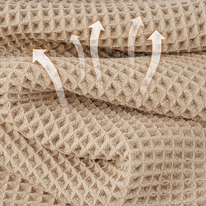 MICROFI New Microfiber Waffle Bath Towels, 2 Pieces, Soft, Absorbent, Fast Drying, Lint Free 430 GSM (Beige+Blue)