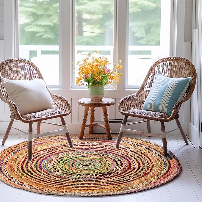 COTTON CRAFT Jute Cotton Chindi Braid Rag Rug - Boho Farmhouse Rustic - Handwoven Reversible Natural Jute and Recycled Cotton Throw Area Rug Carpet - Home Décor - 3 Feet Round Multi Color