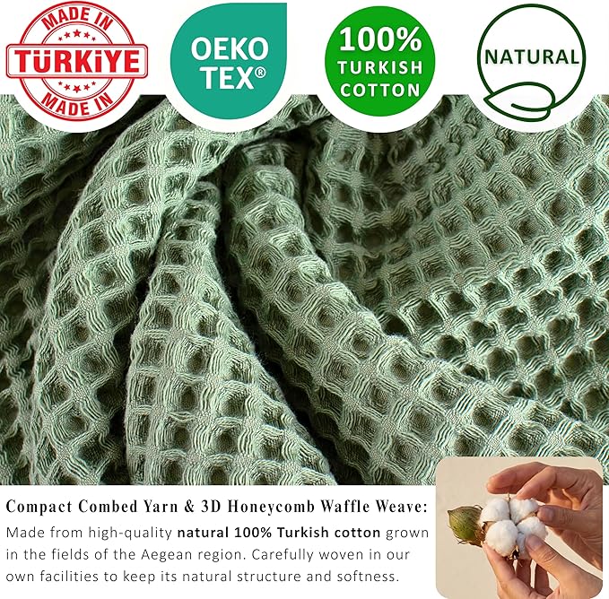 PÜSKÜL Natural 100% Turkish Cotton Waffle Bath Towels Set of 2-Piece | 32x63 inch Extra Large Absorbent Quick-Dry Lightweight Spa Towel | Luxury Sauna Accessories (Sage Green, Bath Towels - Pack of 2)