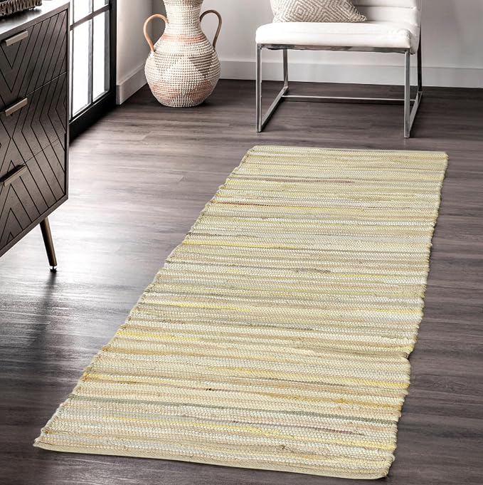 Handmade Cotton Chindi Rug Runner Area Rag Washable Recycled Rugs for Home Décor, Living Room and Bedroom (Beige, 2X8 Feet)