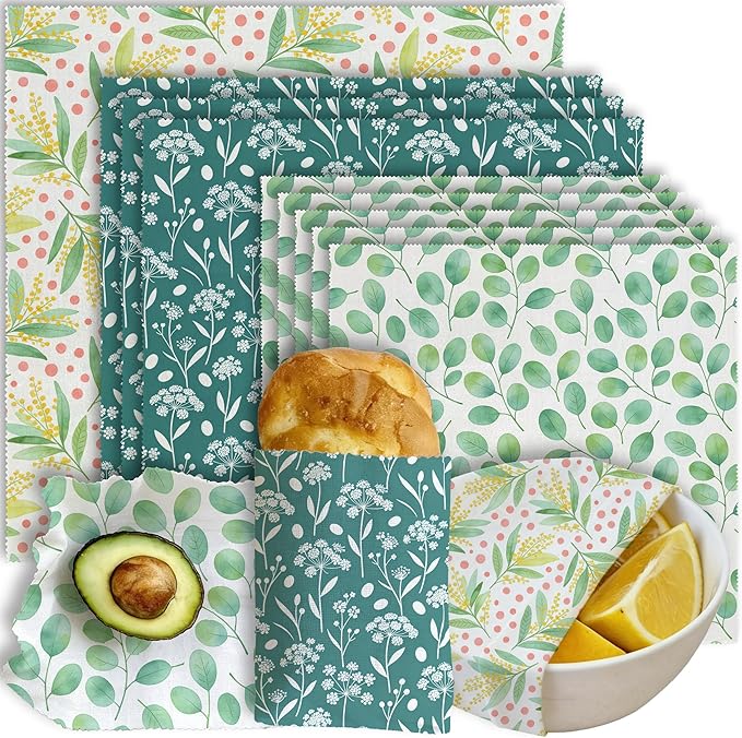 Reusable Beeswax Wraps, 9 Pack Eco-Friendly Food Storage, Organic Cotton, Sustainable, Zero Waste, Plastic-Free, Sandwich, Snack, Bowl Covers, 1XL, 3M, 5S, Botanical Leaves & Flowers