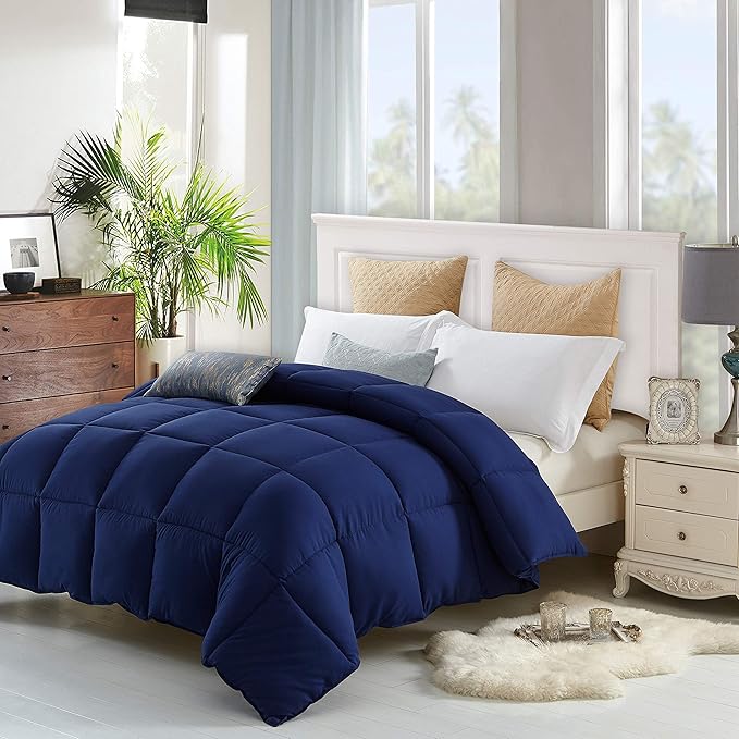 Lavish Comforts® Navy Blue Comforter – Fluffy Down Alternative Dark Blue Comforter, All-Season Queen Duvet Insert, Hypoallergenic, Machine Washable with Corner Loops