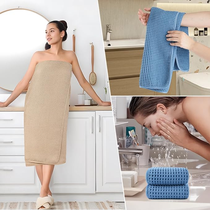 POLYTE 430 GSM Microfiber Quick Dry Lint Free Oversize Bath Towel Set, 6 Piece (Waffle Weave)