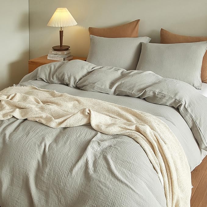 SE SOFTEXLY Muslin Duvet Cover King Size, 100% Washed Cotton Duvet Cover Set, Ultra Soft Comforter Cover Linen Like, 3 Pieces Minimalist Gauze Duvet Cover with 2 Pillowcases, 90"x104", Nature