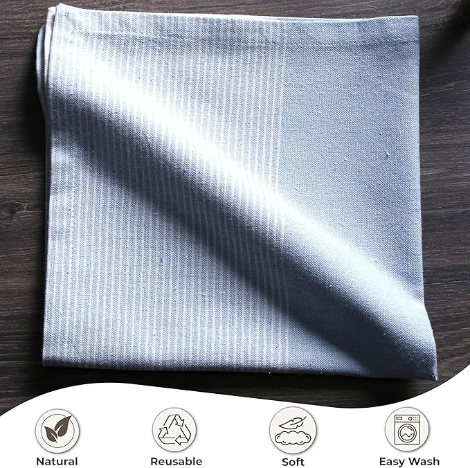 Ramanta Home Cloth Napkins Set of 12 18x18 Inches - Spring Basket Decor Block Striped Dinner Napkins for Easter Farmhouse Wedding, Washable Soft Cotton Durable Table Linen -Everyday Use - Light Blue