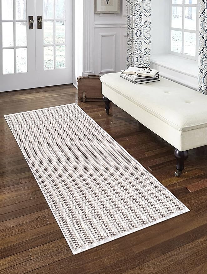 Cotton Chalk Stripe Woven Area Rug 2x3 Feet - Grey Beige, Farmhouse Soft & Durable Decorative Washable Floor Rugs Ideal for Entryway, Bedroom, Kitchen | Linen Small Nersery Space Reversible Door Mats