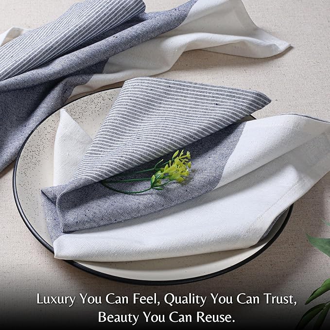 Ramanta Home Cloth Napkins Set of 12 - Denim Blue, 18x18 Inches - Spring Basket Decor Block Striped Dinner Napkins for Easter Farmhouse Wedding, Washable Soft Cotton Durable Table Linen -Everyday Use