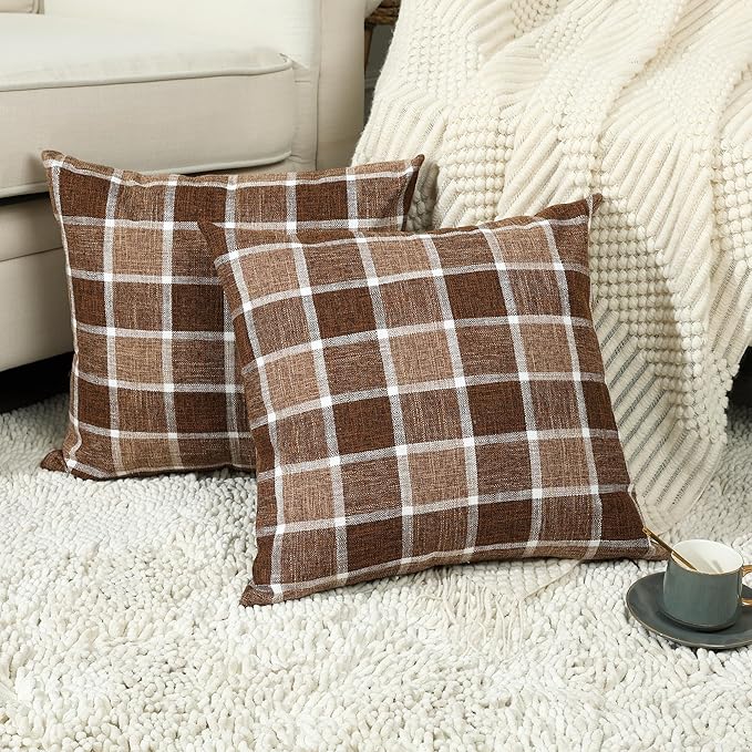Stellhome Pack of 2 Linen Buffalo Check Throw Pillow Covers, Farmhouse Plaid Decorative Cushion Covers for Couch Sofa Living Room, 24x24 Inch, Check-Chocolate