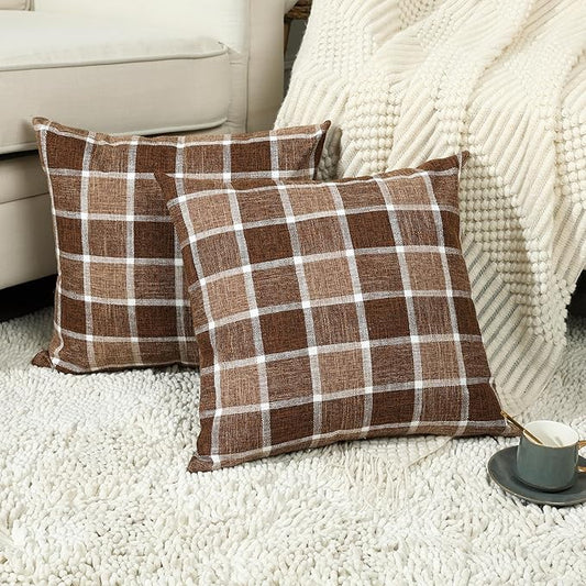 Stellhome Pack of 2 Fall Linen Buffalo Check Throw Pillow Covers, Farmhouse Plaid Decorative Cushion Covers for Couch Sofa Living Room, 18x18 Inch, Chocolate